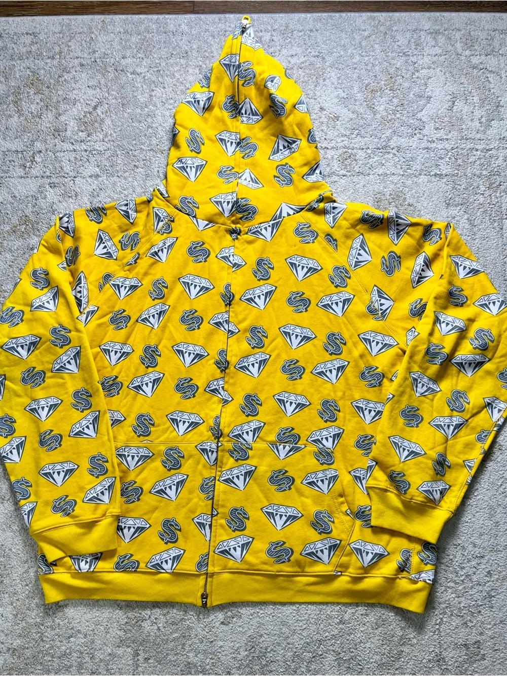 Vintage Billionaire Boys Club Diamonds Dollars Zip Hoodie Yellow 2XL Japan